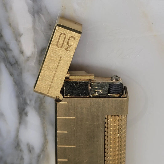 Dunhill Rollagas Ruler Table Lighter Dunhill-28 brass satin gold finish with ruler engravings and diamond-pattern ignition roller