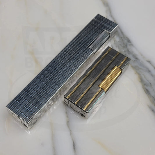 Preowned Dunhill Rollagas Silver Tartan Square Guilloche Table Lighter Dunhill-31 silver-plated brass, engraved tartan, rollbar ignition