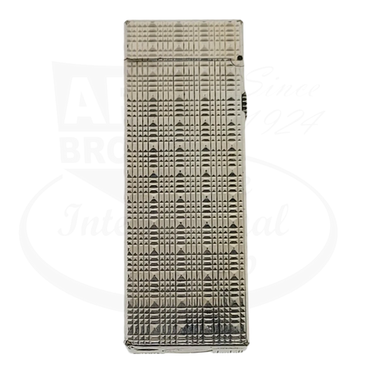 Dunhill Rollagas silver-plated tartan pattern lighter featuring geometric crosshatch design, signature flint wheel mechanism, vintage condition