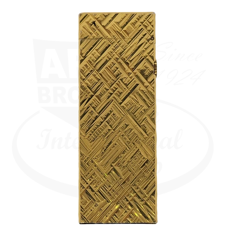 Gold plated Dunhill rollagas brass cigarette lighter with crosshatch pattern seen from the back.