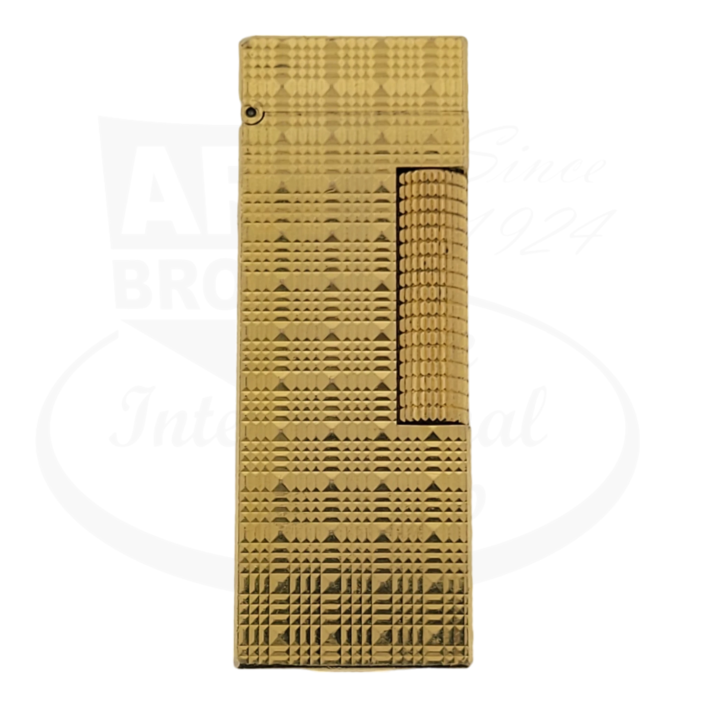 Dunhill Rollagas-7 gold-plated brass lighter featuring distinctive tartan pattern engraving, vintage luxury smoking accessory in gently used condition