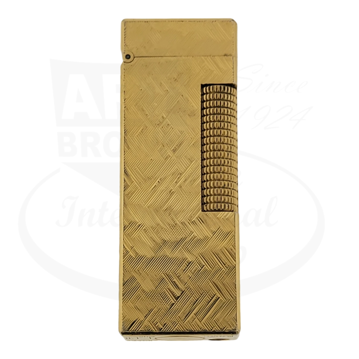 Dunhill Rollagas gold-plated crosshatch lighter featuring distinctive geometric pattern and textured roller ignition, preowned with vintage patina finish