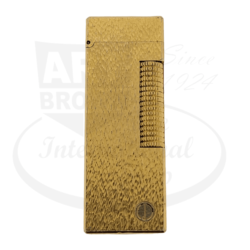 Dunhill Rollagas B59 gold-plated lighter featuring fine bark textured finish with signature side roller ignition mechanism and branded base emblem