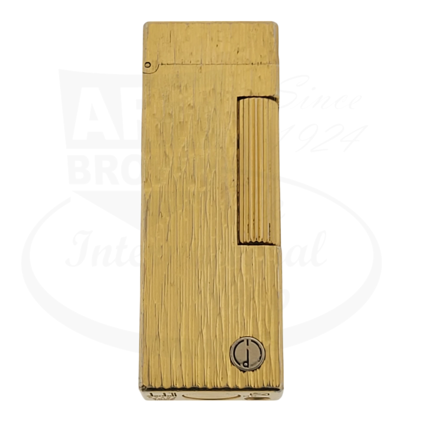 Gold plated Dunhill rollagas lighter with fine bark pattern, showing Dunhill logo on the front.