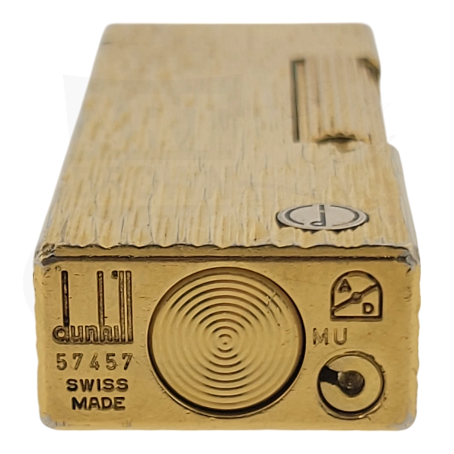 Bottom on Gold plated Dunhill rollagas lighter with fine bark pattern.