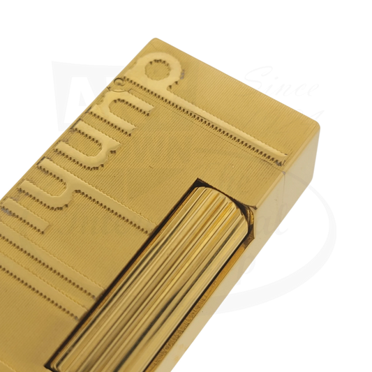 Dunhill Rollagas RL8400 gold-plated brass lighter with engraved logo, preowned, polished finish, Swiss made refillable butane