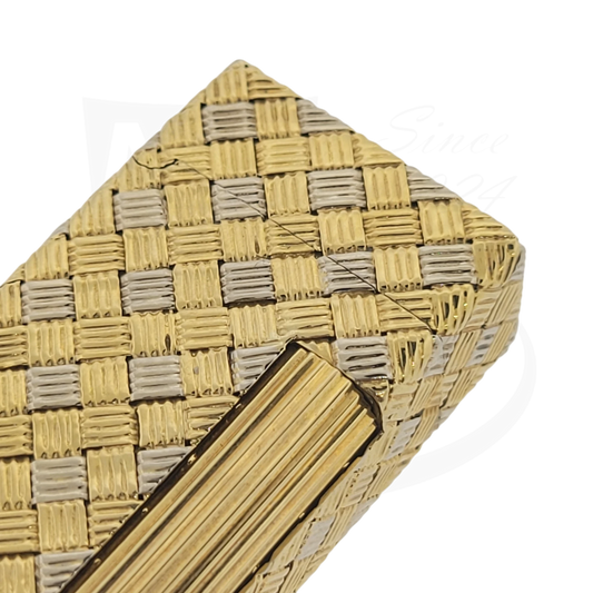 Vintage Dunhill Rollagas PL6875 18K duotone gold basket weave lighter jacket, Swiss-made, geometric texture, vintage 1980s