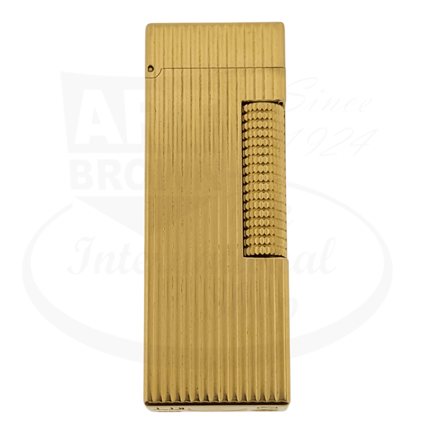 Dunhill Rollagas gold-plated brass lighter featuring vertical line pattern and textured ignition wheel, refurbished vintage luxury accessory