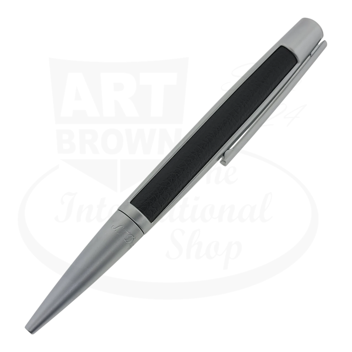 S.T. Dupont Defi ballpoint pen with black leather and chrome finish. Customized using S.T. Dupont leather on Defi pen