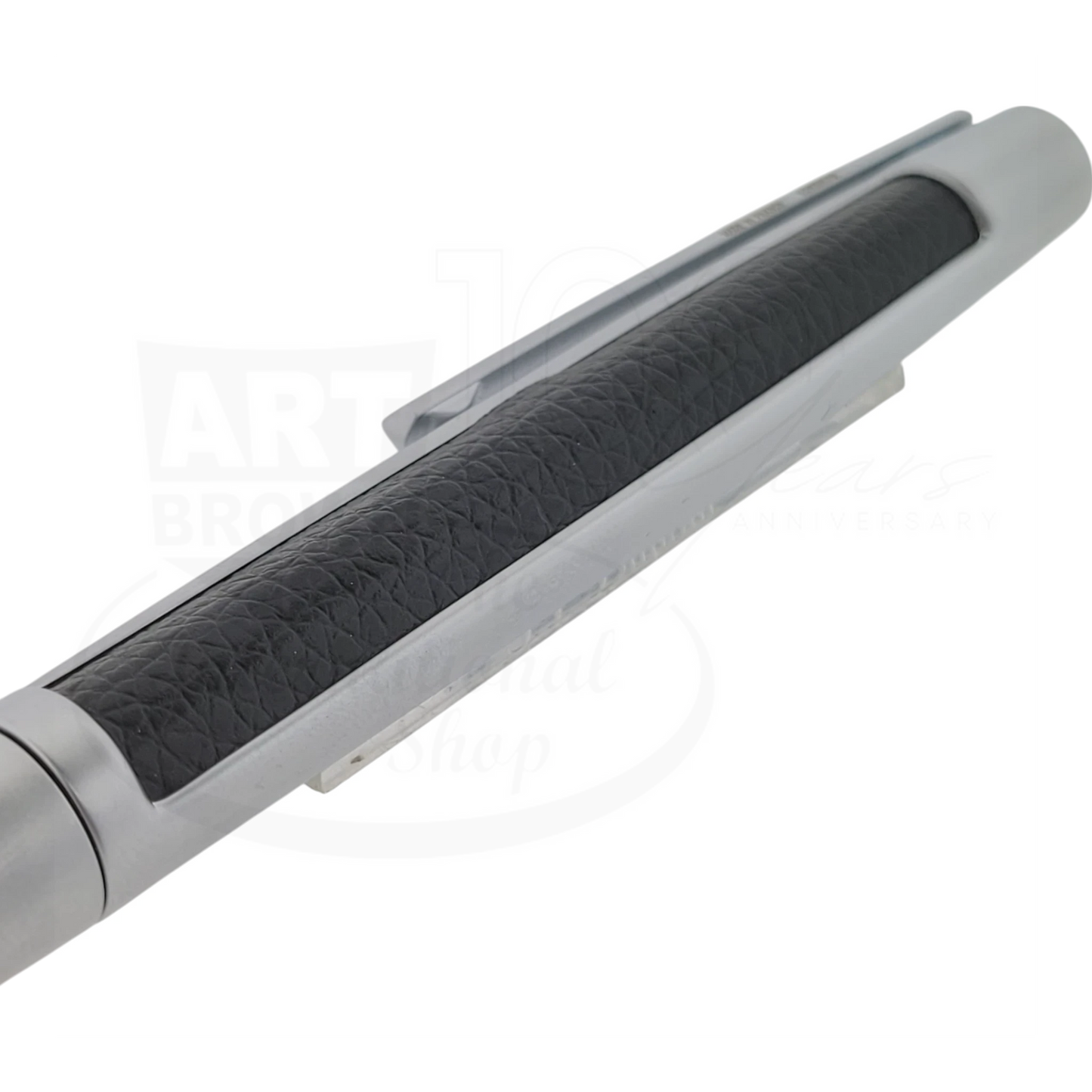 S.T. Dupont Defi Dupont-16 ballpoint pen with black textured leather inlay and polished chrome trim close-up