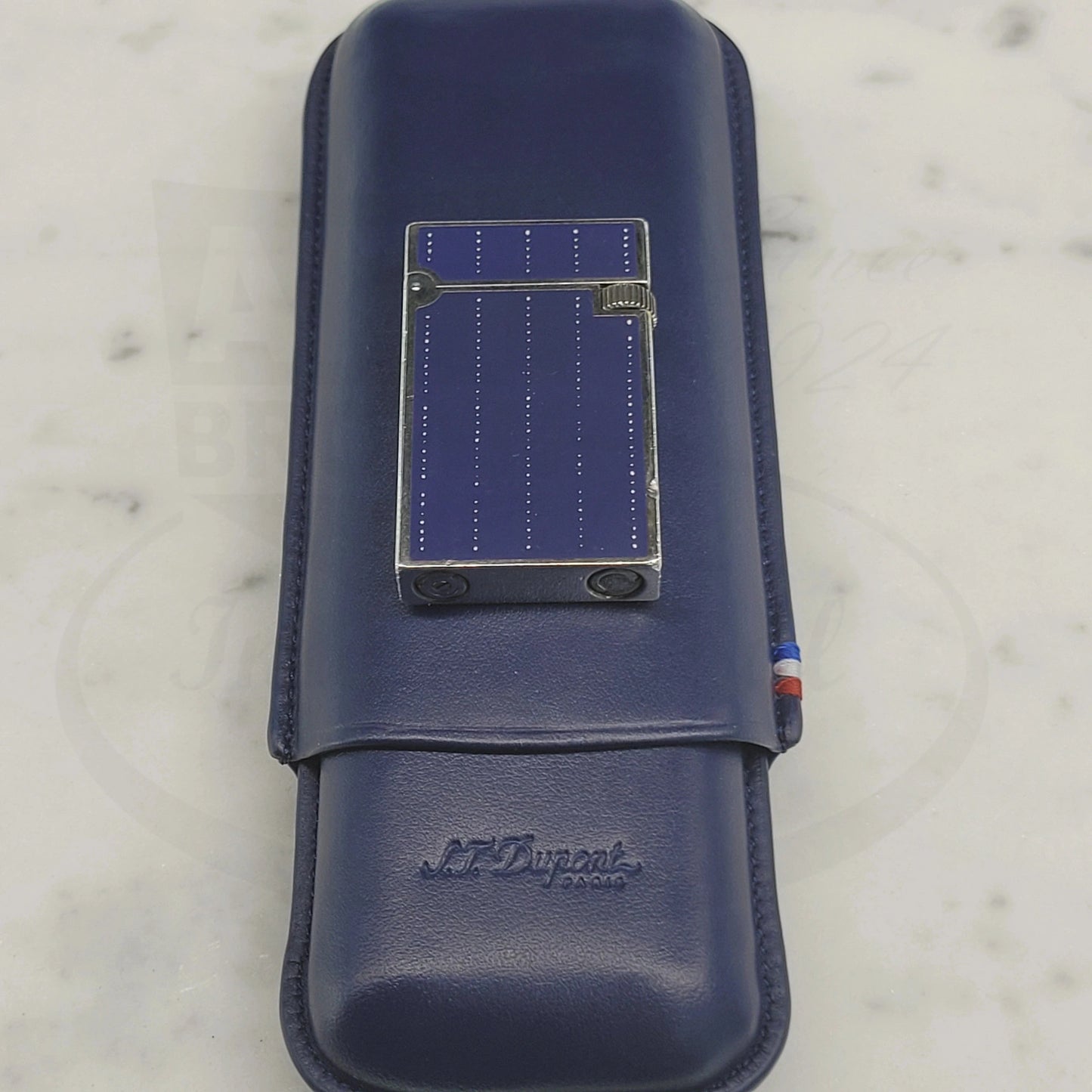 Preowned Vintage S.T. Dupont Line D Fantasies Denim Lacquer & Palladium lighter with blue lacquer and palladium finish