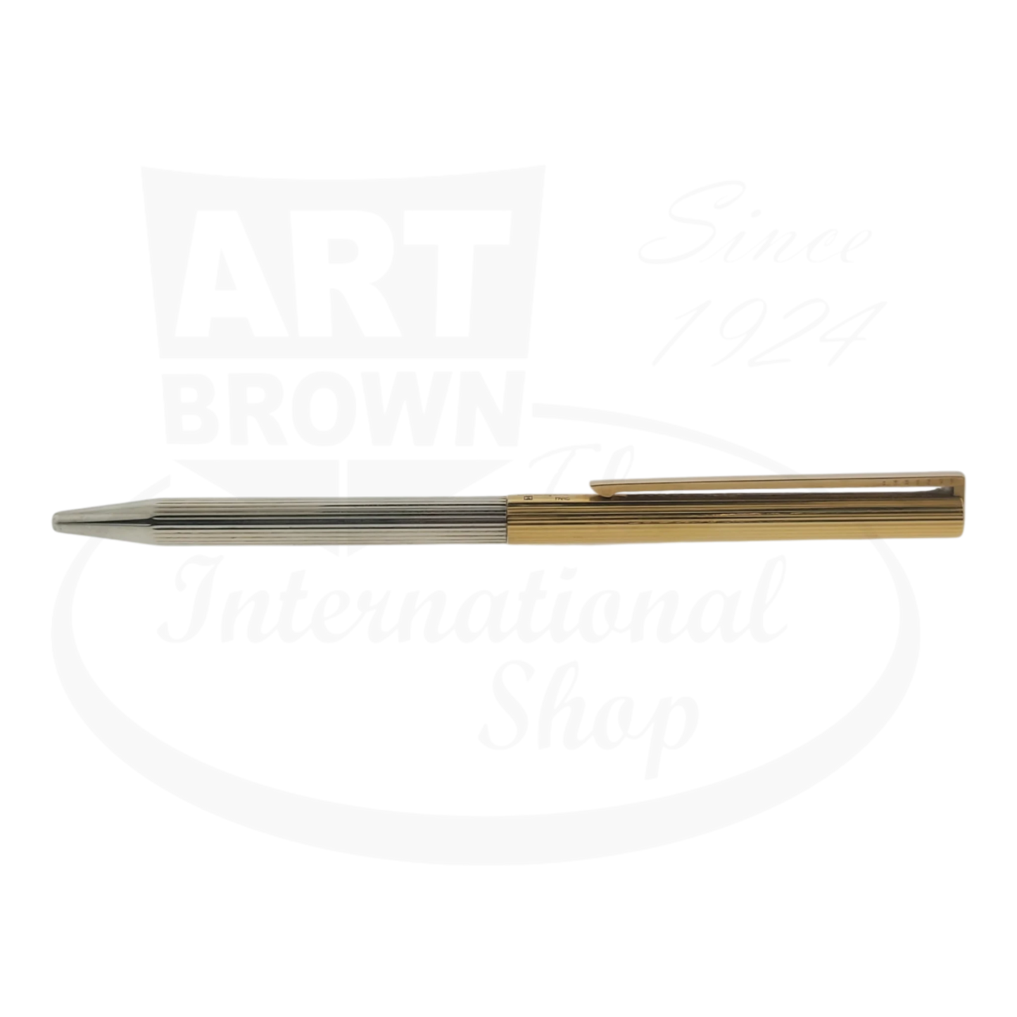 S.T. Dupont Classique duotone ballpoint pen, with silver and gold vertical lines, seen from the side.