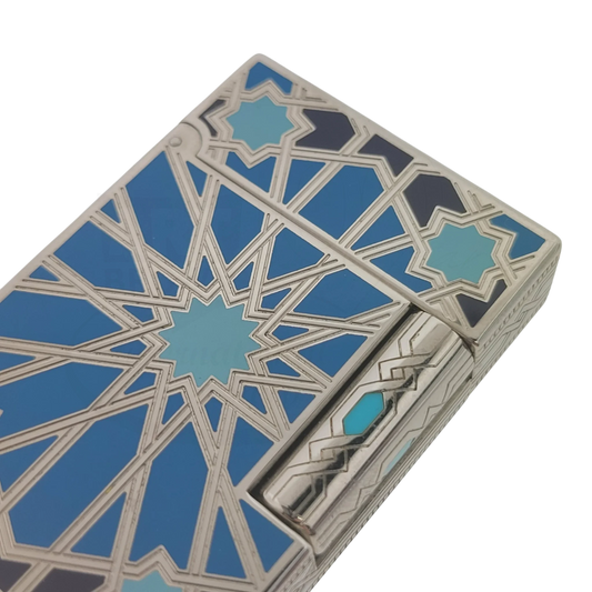 Preowned Vintage S.T. Dupont Limited Edition Ligne 2 Small Andalusia Lighter close-up with blue geometric design, gallery position 2