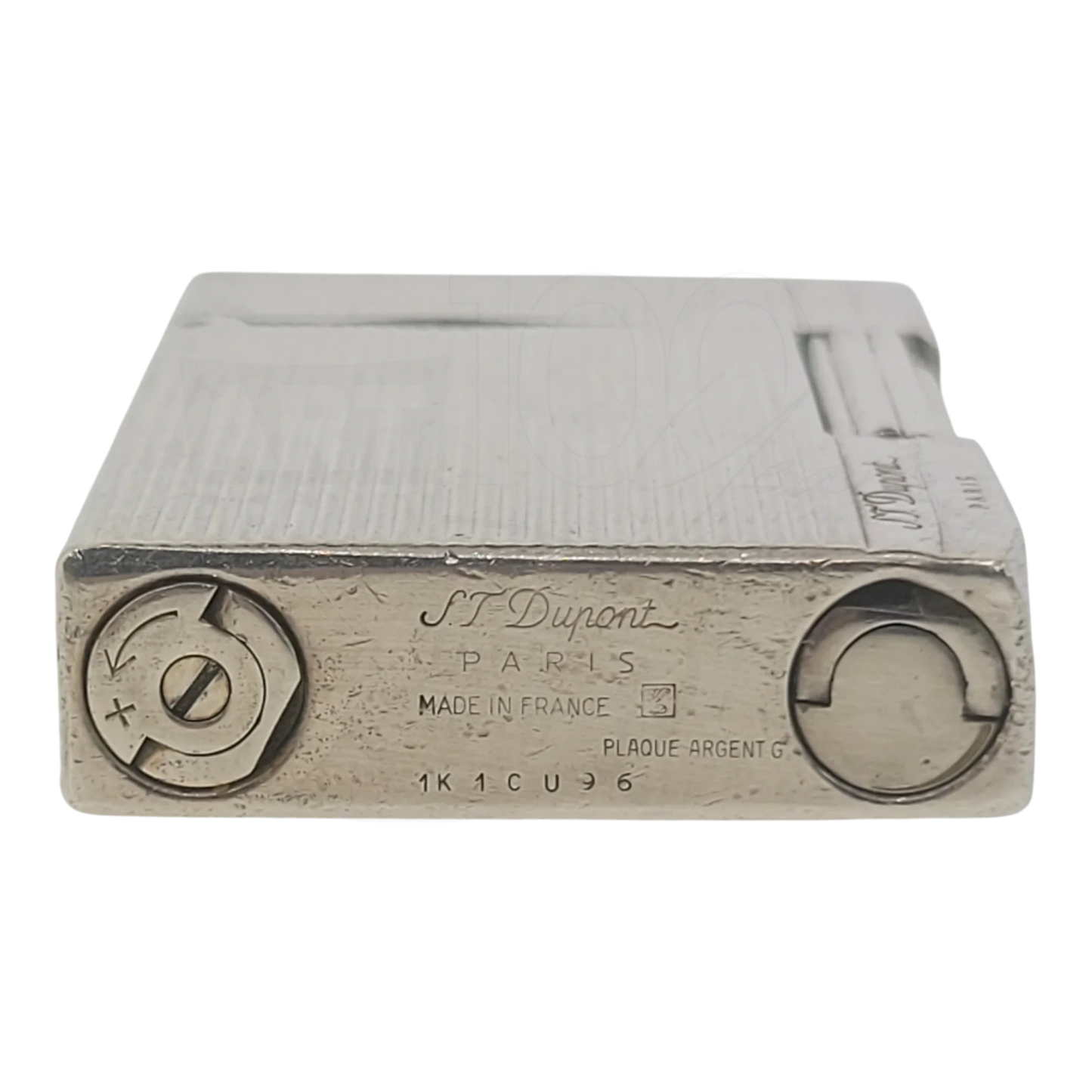 S.T. Dupont Gatsby palladium lighter with vertical lines, soft flame, rectangular design, engraved base details.