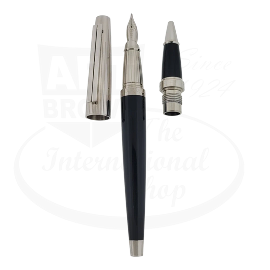 S.T. Dupont Ellipsis fountain pen in black lacquer with palladium trim, disassembled view showing cap, barrel and nib section