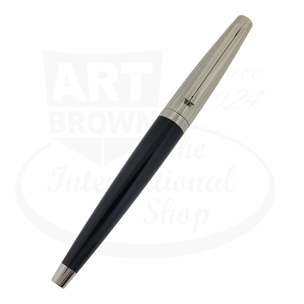 S.T. Dupont Ellipsis fountain pen featuring black lacquer barrel with palladium trim, sleek elliptical design, silver-toned cap and appointments