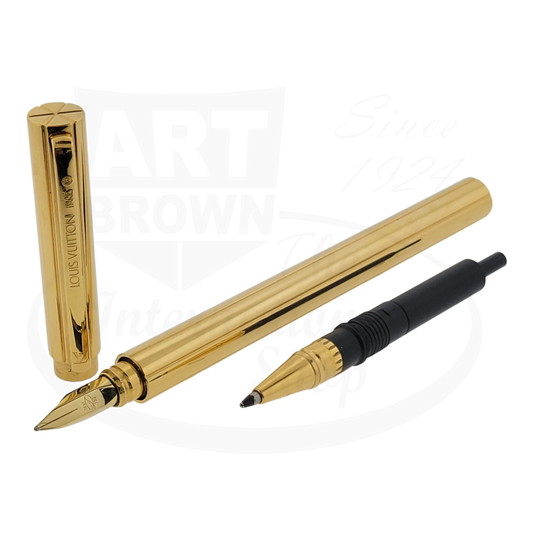 Louis Vuitton x S.T. Dupont gold-plated fountain pen with 18K gold nib and interchangeable rollerball grip, featuring engraved LV branding on cylindrical cap