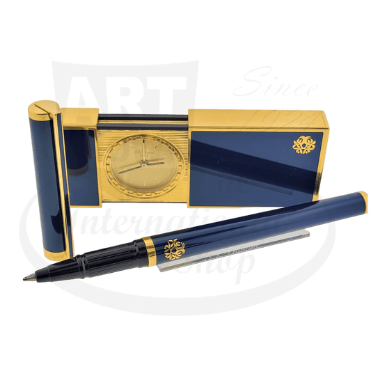 S.T. Dupont Mitterrand Edition blue lacquer rollerball pen with gold trim and matching travel clock set, featuring Chinese lacquer finish and gold accents