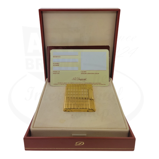 S.T. Dupont Gatsby gold grid lighter, in box with paperwork.