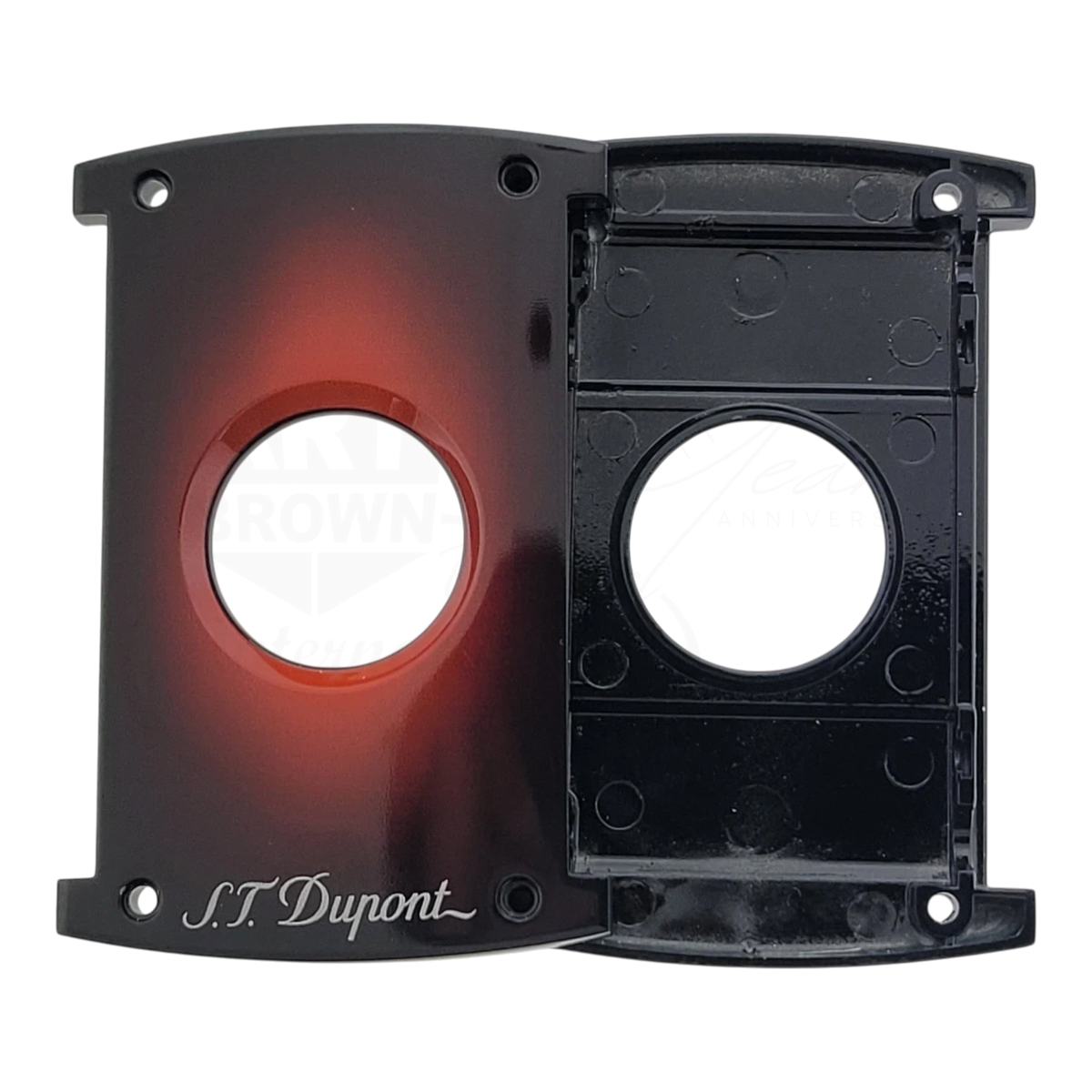 S.T. Dupont Maxijet cigar cutter shell 003414S in sunburst brown resin with polished black accents and silver logo engraving
