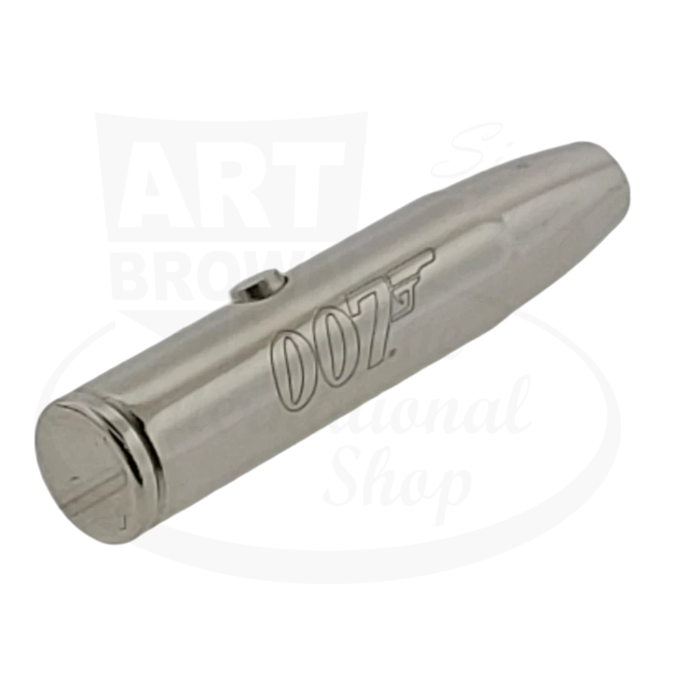 S.T. Dupont Olympio James Bond 007 fountain pen in palladium finish, featuring engraved 007 logo and concealed laser compartment, barrel displayed horizontally