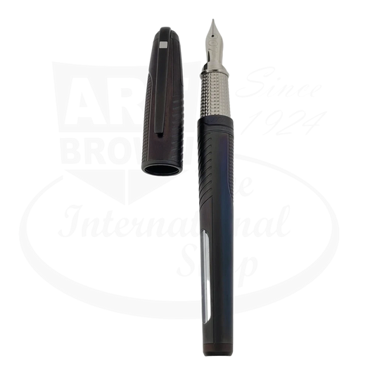 S.T. Dupont Olympio James Bond 007 fountain pen in palladium-plated metal with black lacquer barrel, textured grip, silver nib, and detachable cap showing uncapped view