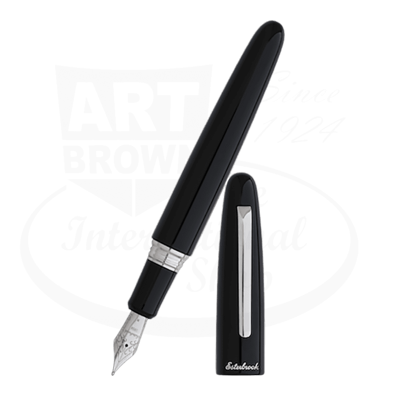 Esterbrook Estie Ebony Chrome Fountain Pen #E106-M black acrylic resin body with chrome accents and tapered design