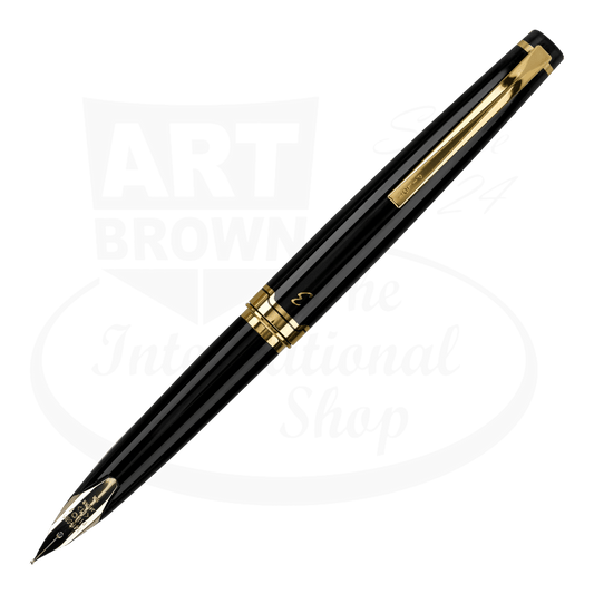 Pilot E95s fountain pen featuring glossy black resin body with gold-plated trim and 14k gold inlaid nib, displayed at diagonal angle