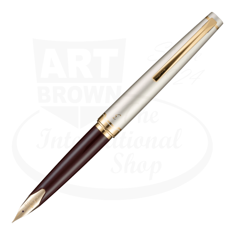 Pilot E95s fountain pen featuring burgundy and ivory metal body with gold-plated trim and 14k gold inlaid nib, displayed at diagonal angle
