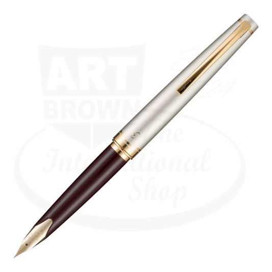 Pilot E95s fountain pen featuring burgundy and ivory metal body with gold-plated trim and 14k gold inlaid nib, displayed at diagonal angle