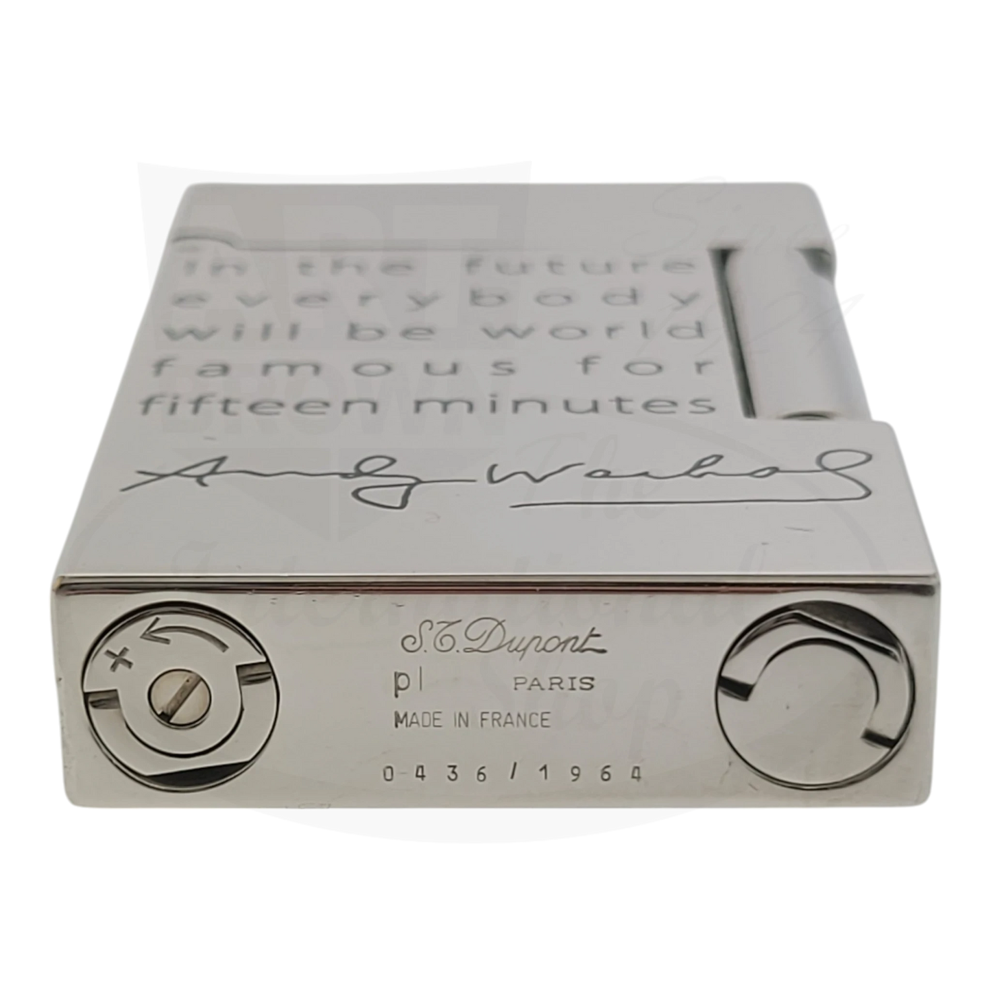 ST Dupont Ligne 2 Andy Warhol Elvis Limited Edition palladium lighter featuring engraved quote and signature, numbered 0436/1964