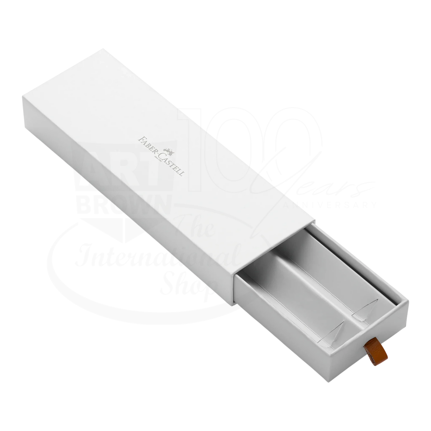 Faber-Castell Ambition OpArt White Sand Fountain Pen empty white textured resin box with leather pull tab