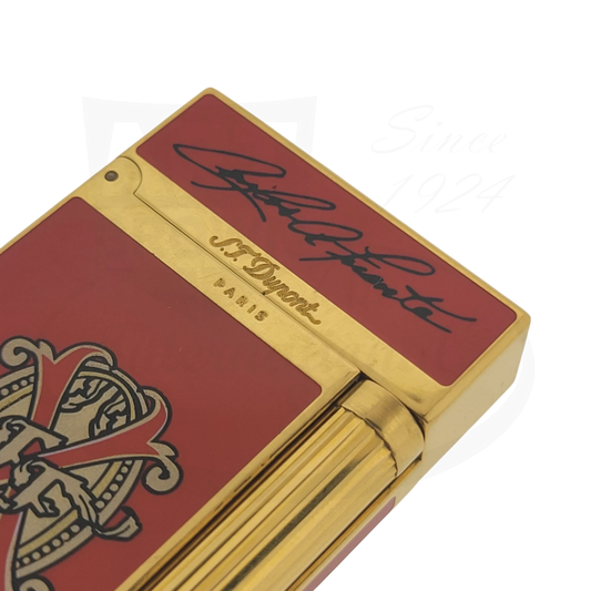 ST Dupont Ligne 2 Arturo Fuente red lacquer and gold-plated luxury lighter with engraved crest and signature detail
