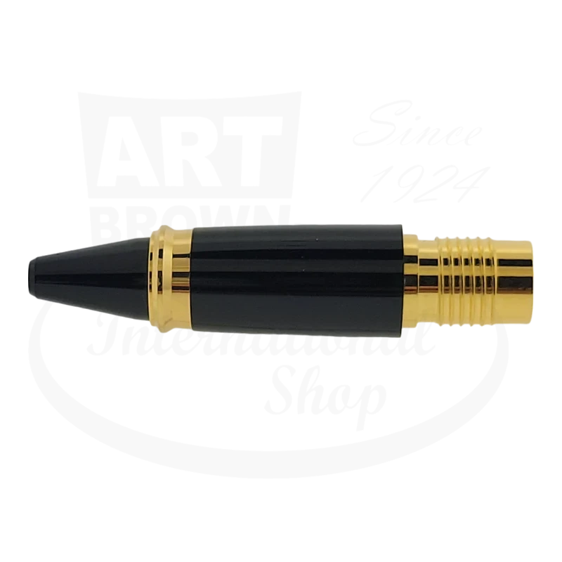S.T. Dupont Fidelio rollerball grip section in black lacquer with gold-plated brass accents, featuring ribbed design and conical shape