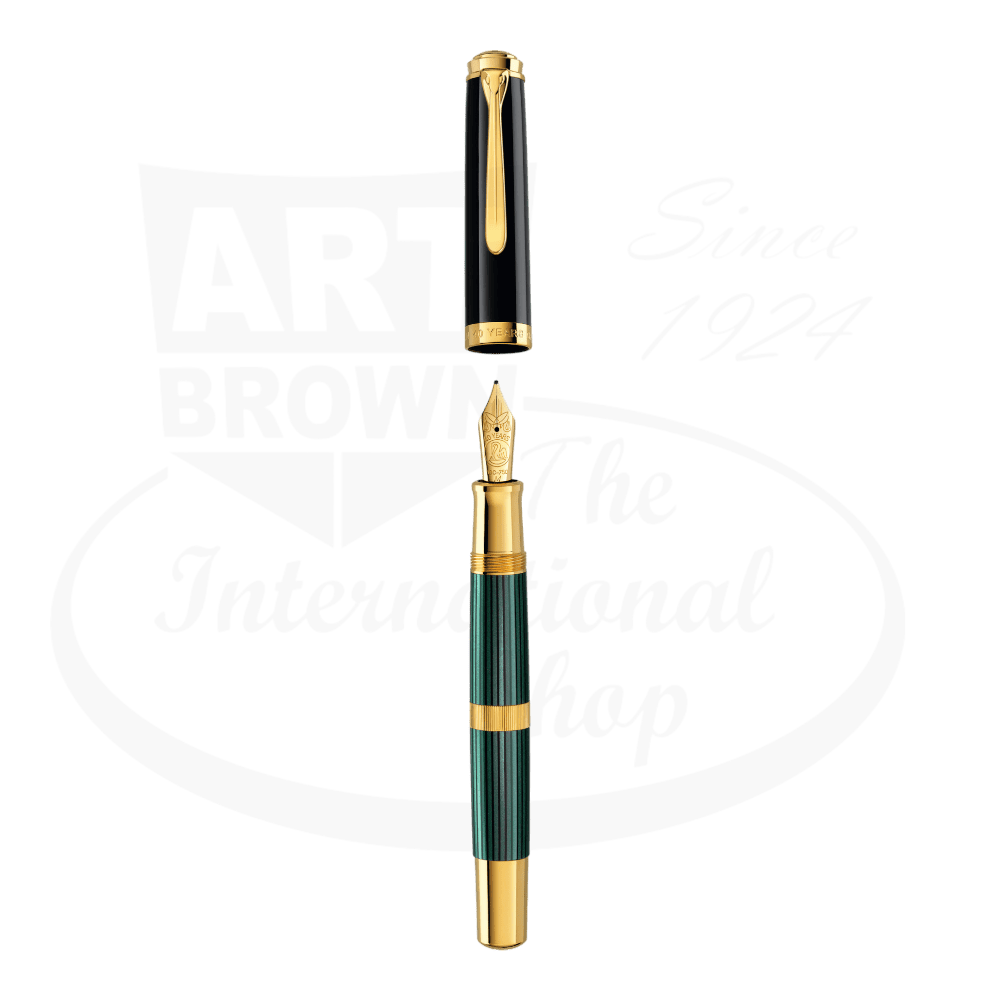 Pelikan M800 40th Anniversary Souverän fountain pen in green-striped resin and gold trim, featuring 18k gold nib and black cap
