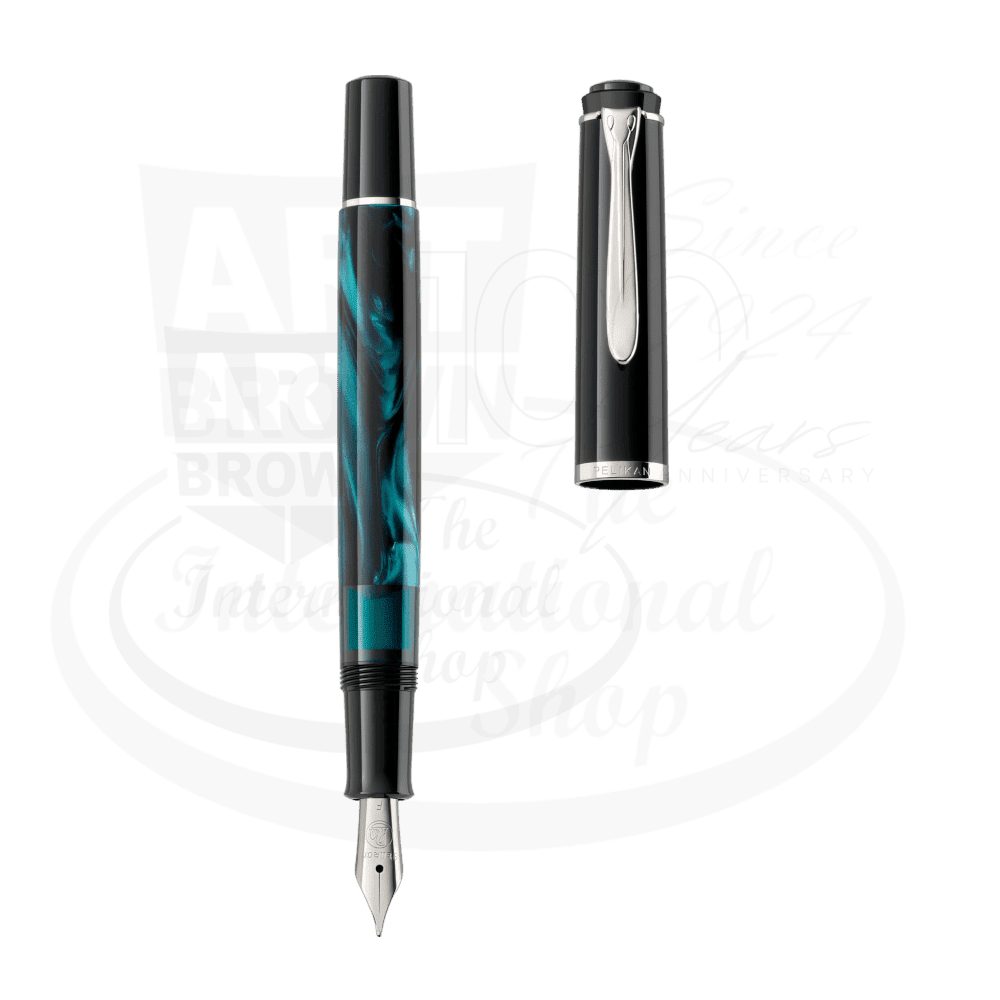 Pelikan M205 black and petrol marbled resin fountain pen with silver trim and matching case