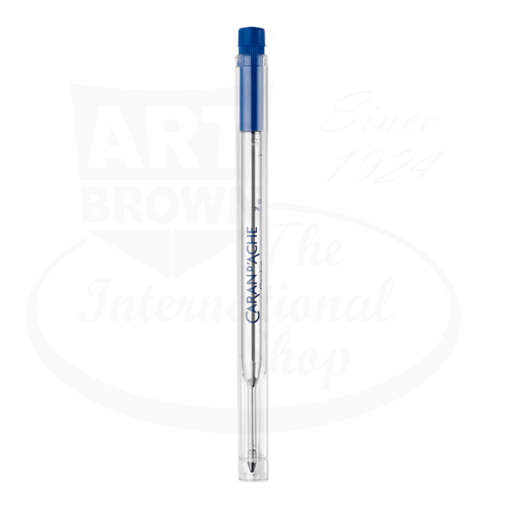 Caran D'Ache Goliath 849 stainless steel ballpoint pen refill in blue with tungsten carbide ball tip, featuring transparent casing and silver metal components