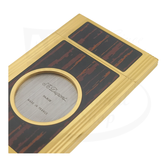 S.T. Dupont vintage guillotine cigar cutter in brown lacquer and gold-tone finish with wood inlays, rectangular design, Made in France
