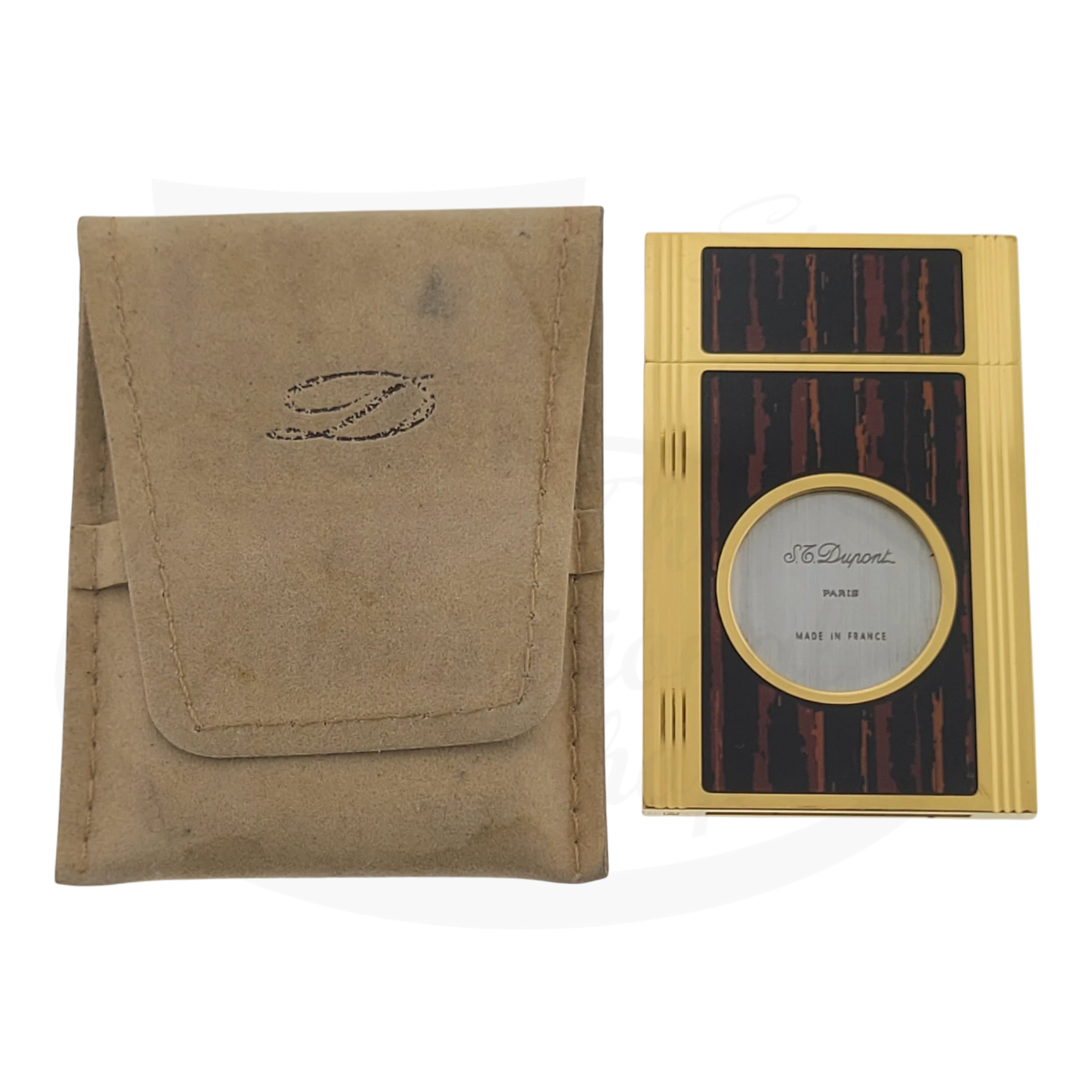 S.T. Dupont vintage guillotine cigar cutter, brown lacquer and gold-plated metal, rectangular design with suede pouch