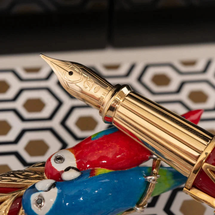 Close-up of the gold nib and colorful parrot detail in the S.T. Dupont Limited Edition Haute Creation Parrot Fountain Pen, 241354.
