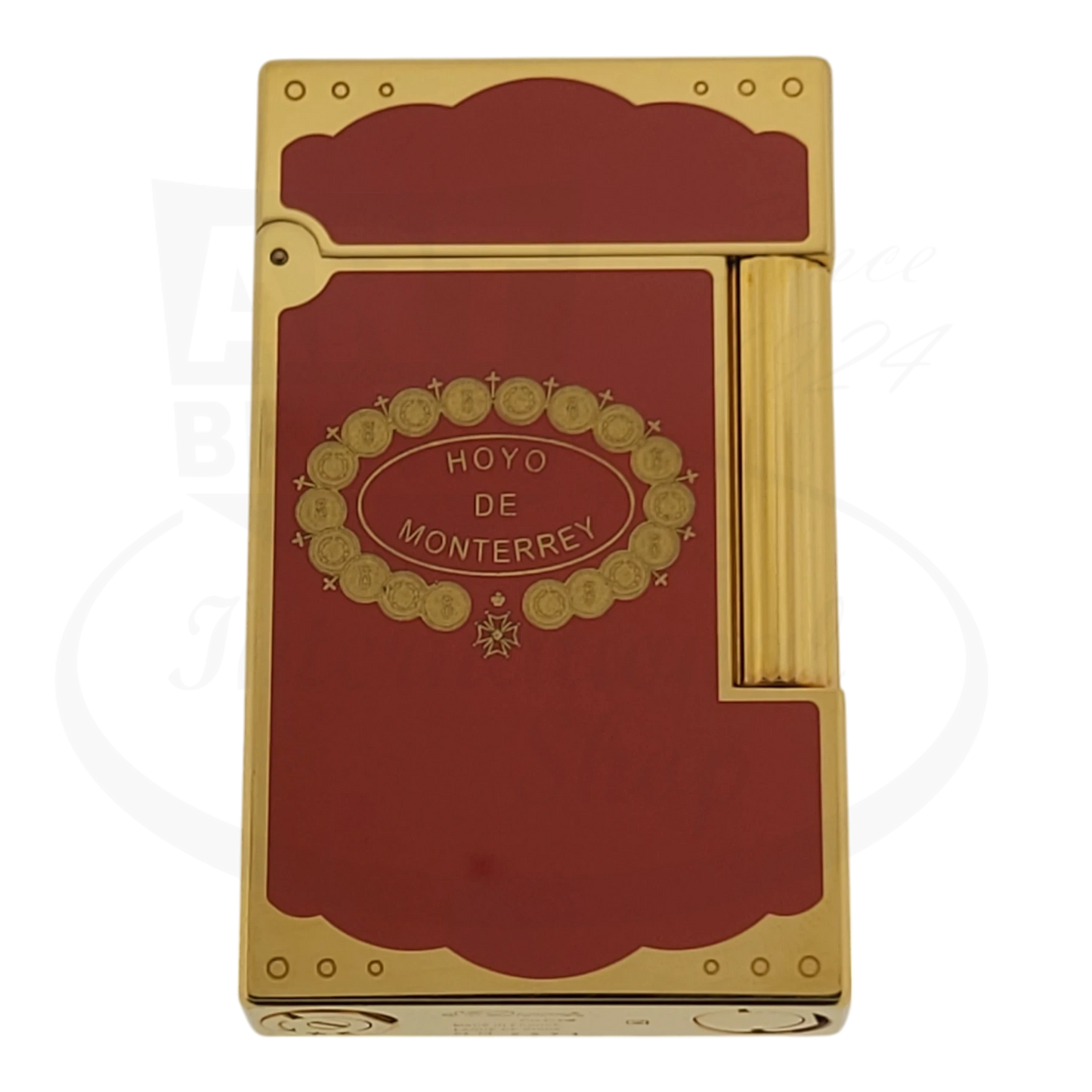 ST Dupont Ligne 2 Habanos lighter in red lacquer and gold-plated metal with Hoyo de Monterrey crest, display model