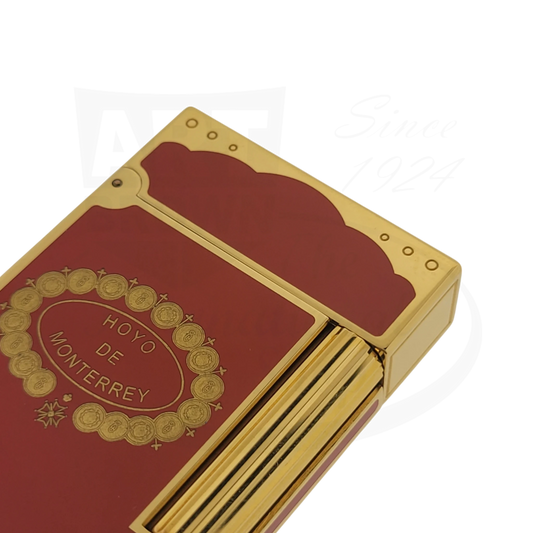 ST Dupont Ligne 2 Habanos Hoyo De Monterrey red lacquer and gold-plated luxury lighter with ornate circular crest design