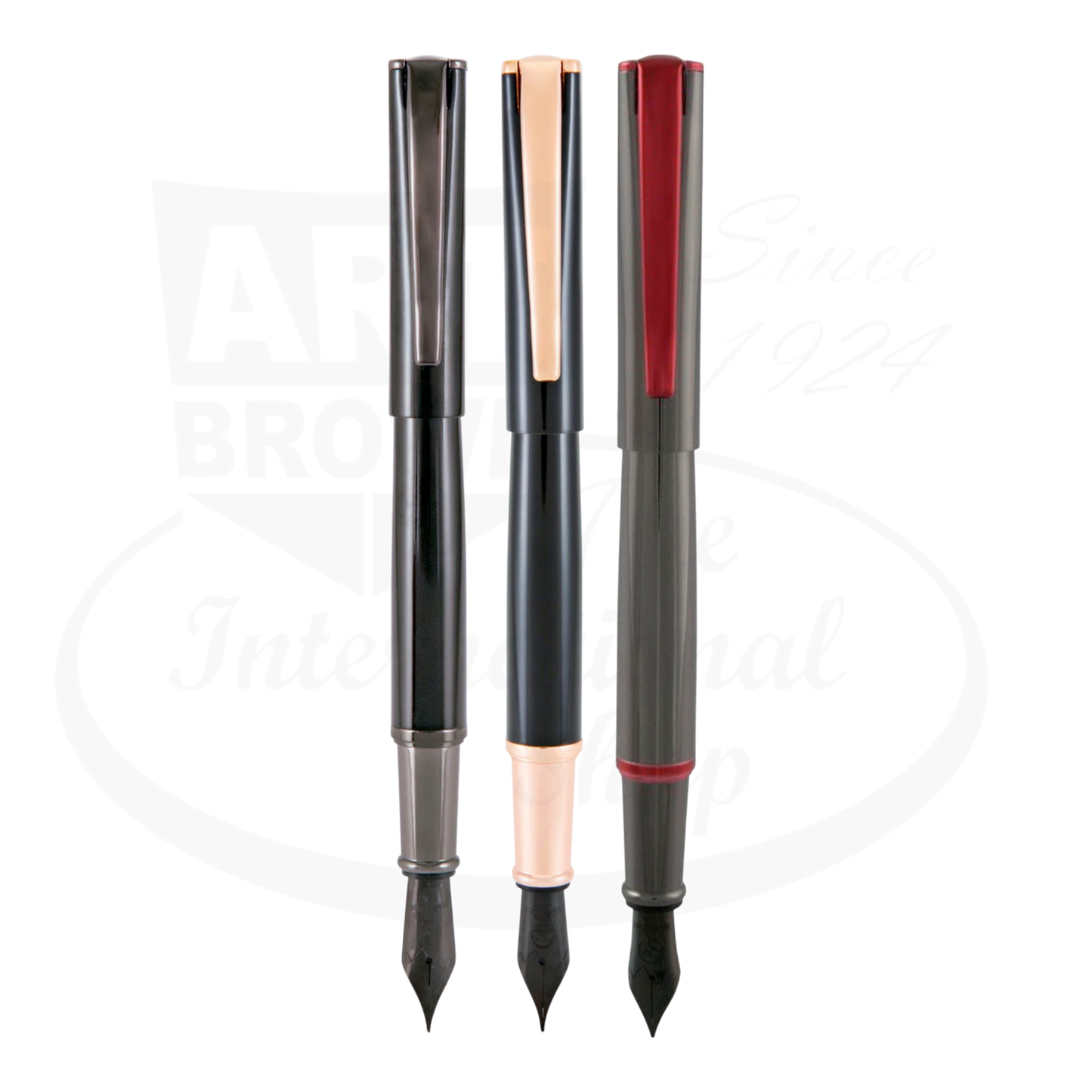 Monteverde Impressa fountain pens, in black and gunmetal, gunmetal and red, black and rose gold.