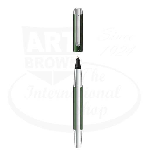 Pelikan Pura rollerball pen in Deep Green, luxury rollerball pen 817486, shown in full with cap removed