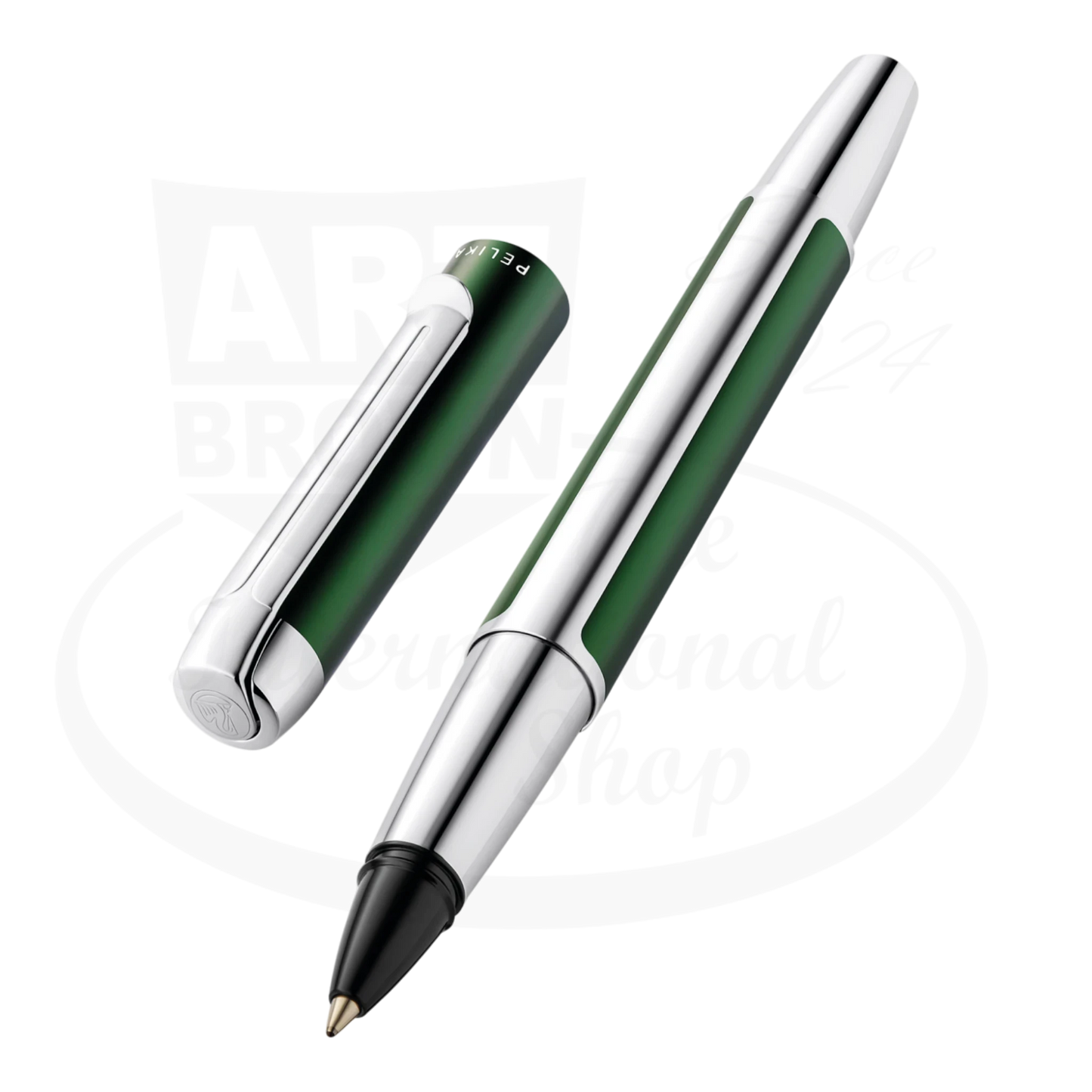 Pelikan Pura rollerball pen in Deep Green, 817486 with anodize aluminum and glossy green finish, shown uncapped.