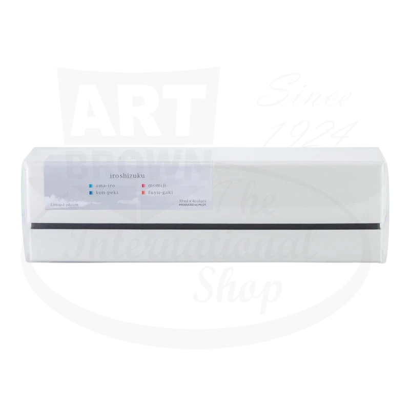 Pilot Iroshizuku Ma-Hiru glass ink set in white gift box, featuring 4x30ml bottles of sky blue, cerulean, red, and orange fountain pen inks