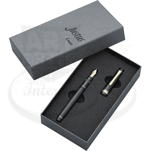 Pilot Justus 95 fountain pen black with gold accents, adjustable 14k gold nib, black textured body in gift box