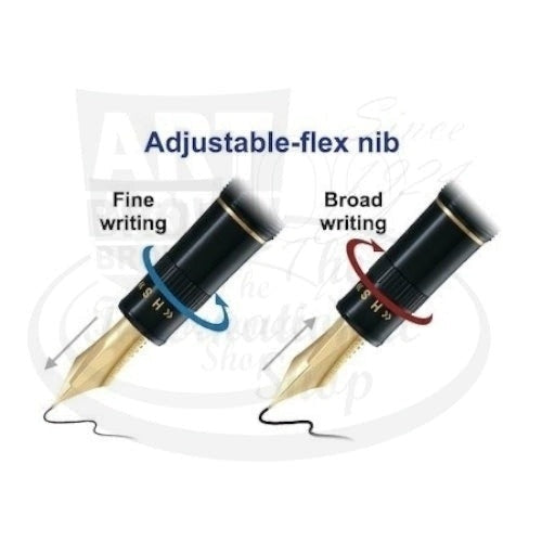 Pilot Justus 95 fountain pen nib with 14K gold, black barrel, rhodium accents, adjustable flex for fine to broad writing