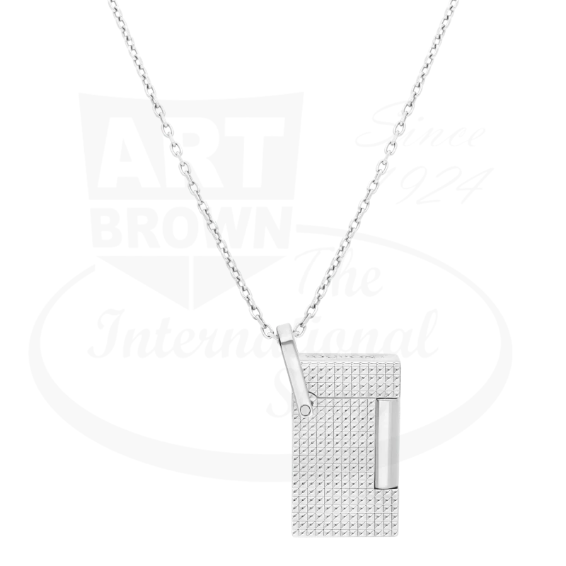 S.T. Dupont Ligne 2 K27066CH silver-plated brass lighter necklace with diamond guilloche pattern and adjustable chain, displayed as pendant