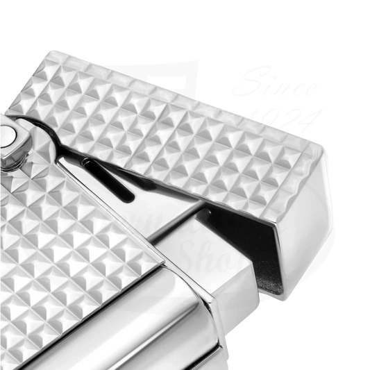 S.T. Dupont Ligne 2 K27066CH silver-plated metal lighter with diamond guilloche pattern detail and adjustable necklace chain, showcasing geometric surface texture